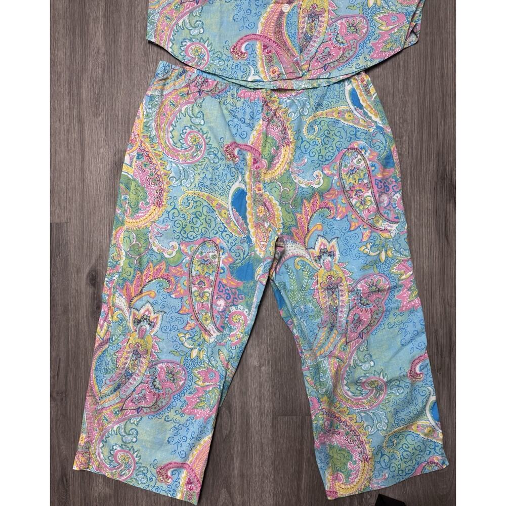 Lauren Ralph Lauren Paisley Womens Pajama Set Sz M Capri Button Up Cotton - Picture 3 of 13
